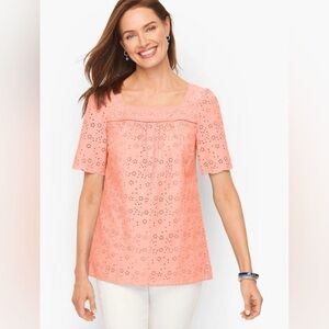 Talbots Peach Eyelet Square-Neck Cotton Blouse small petite